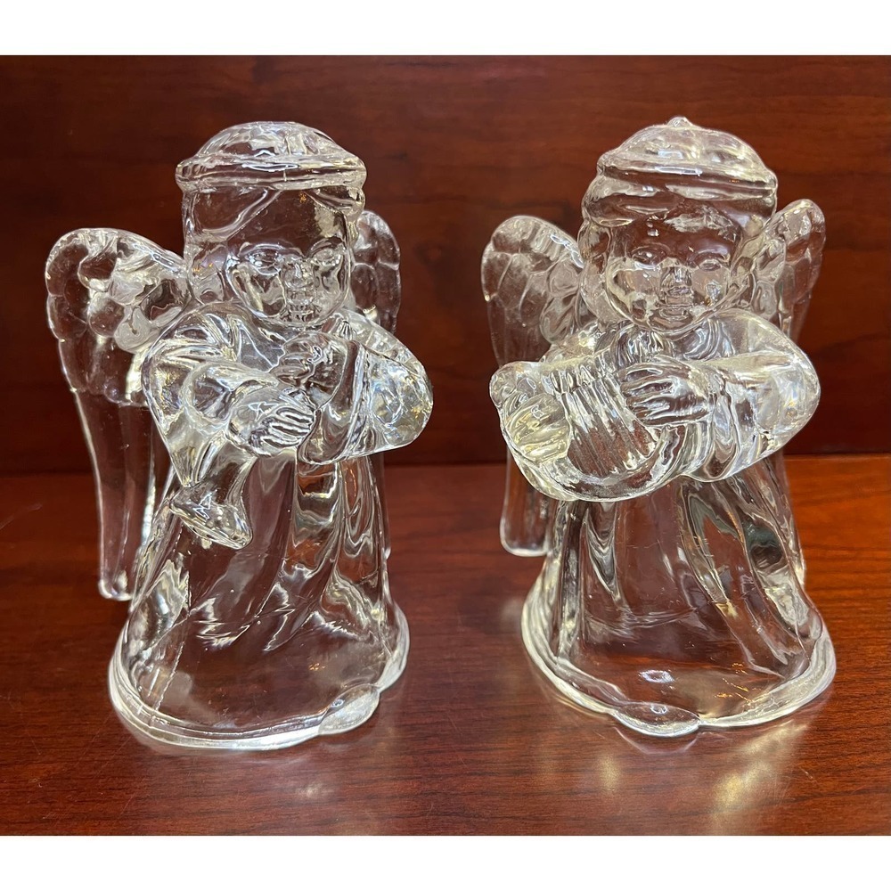 Madison Avenue Set Of 2- Glass Angels  5" with Instruments Candle Holders Heavy